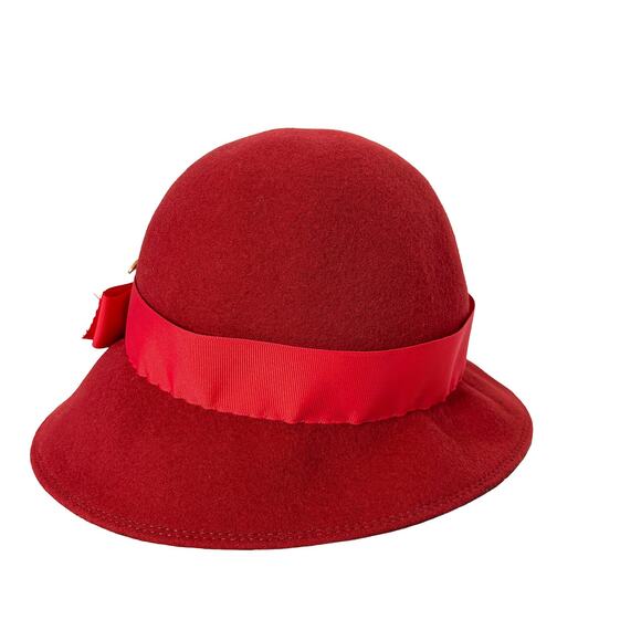 VTG Junior Seasons Wool Cloche Hat with Gold Kramer Leaf Brooch | Red | S/M - Picture 2 of 6